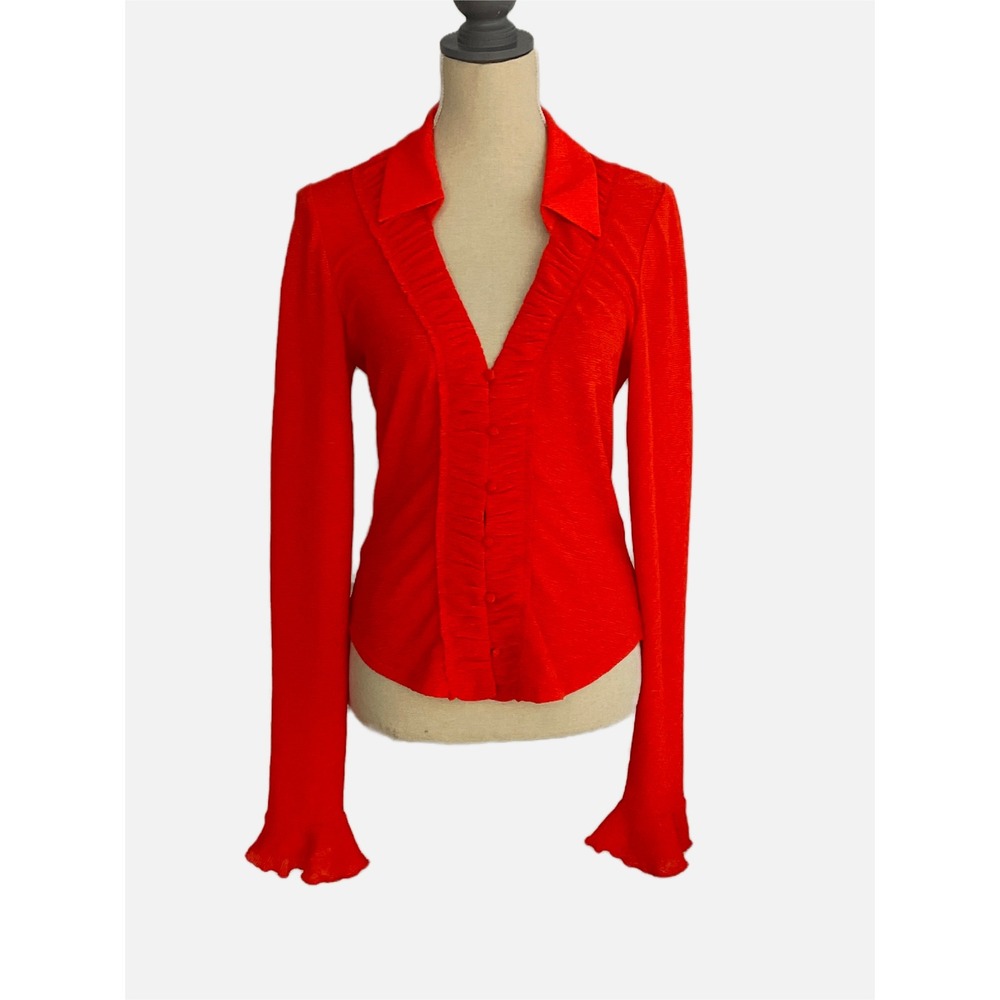 Anthropologie Button Front Blouse Women Small Orange Ruffle Bell Sleeve V-Neck